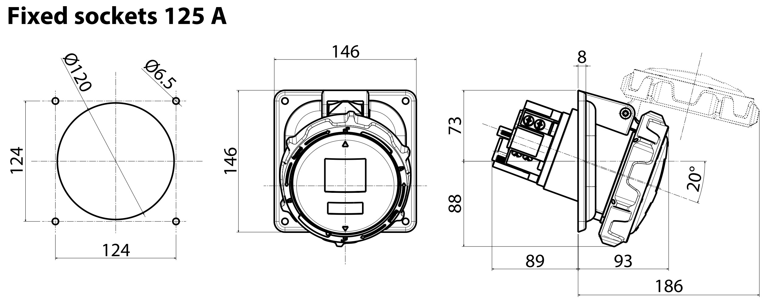 Ổ cắm gắn âm kín nước 125A 3P+E 415V IP67 059116