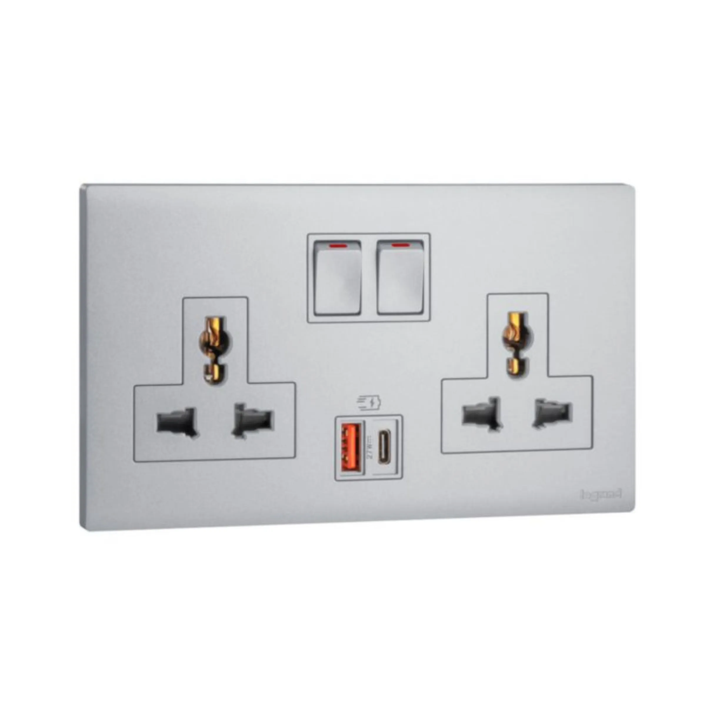 Ổ cắm đôi đa năng có công tắc kèm sạc nhanh USB A+C 27W - Obria - Dark Silver MEC33077SL