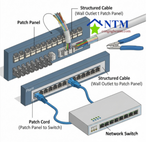 Patch panel: Điểm trung chuyển cố định, giúp phân tách cáp đi âm tường và dây nhảy linh hoạt, bảo vệ cổng switch và dễ dàng thay đổi kết nối.
